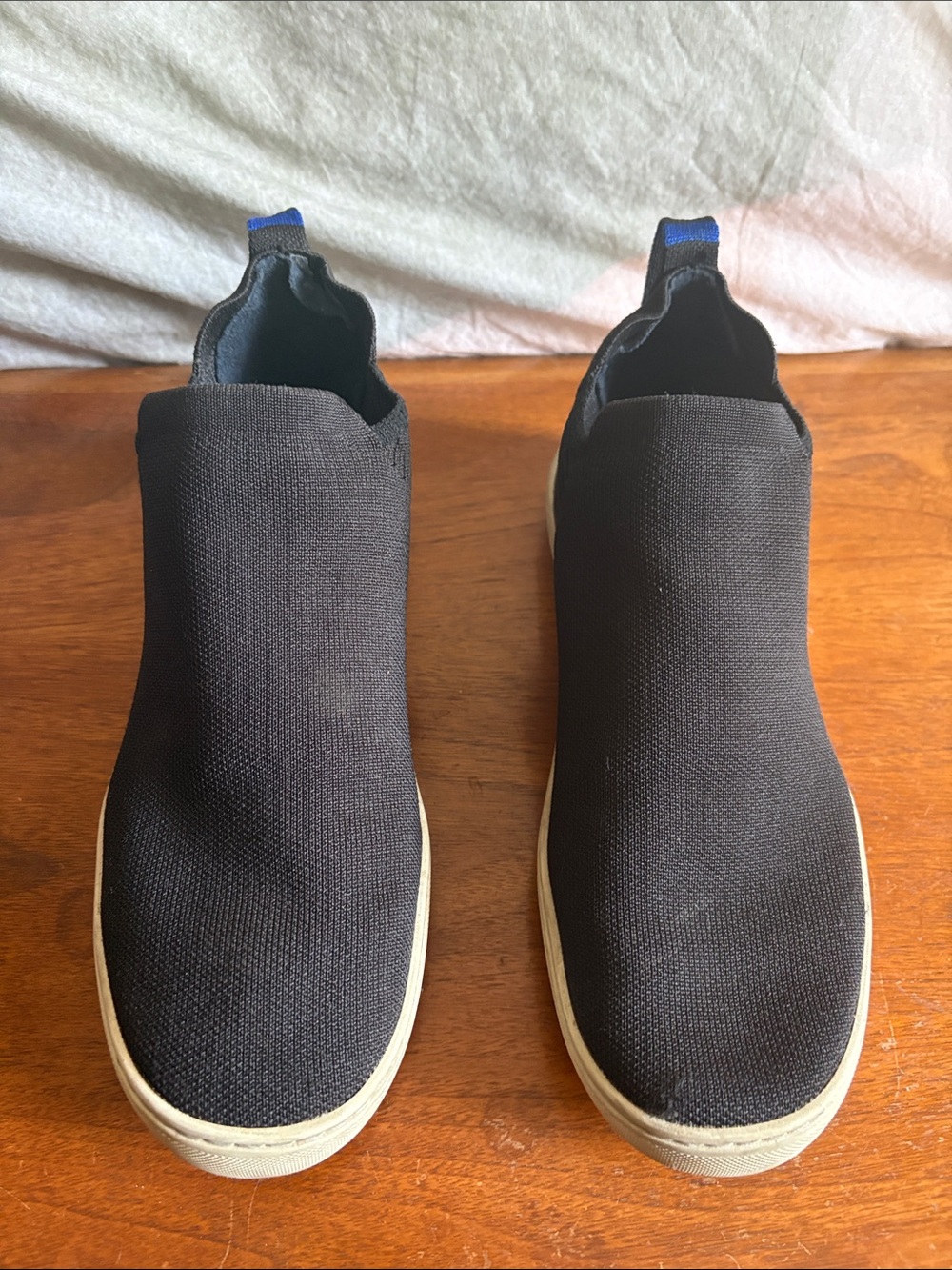 Rothy's Black Slip-On Knit Loafers with Blue Heel Tab